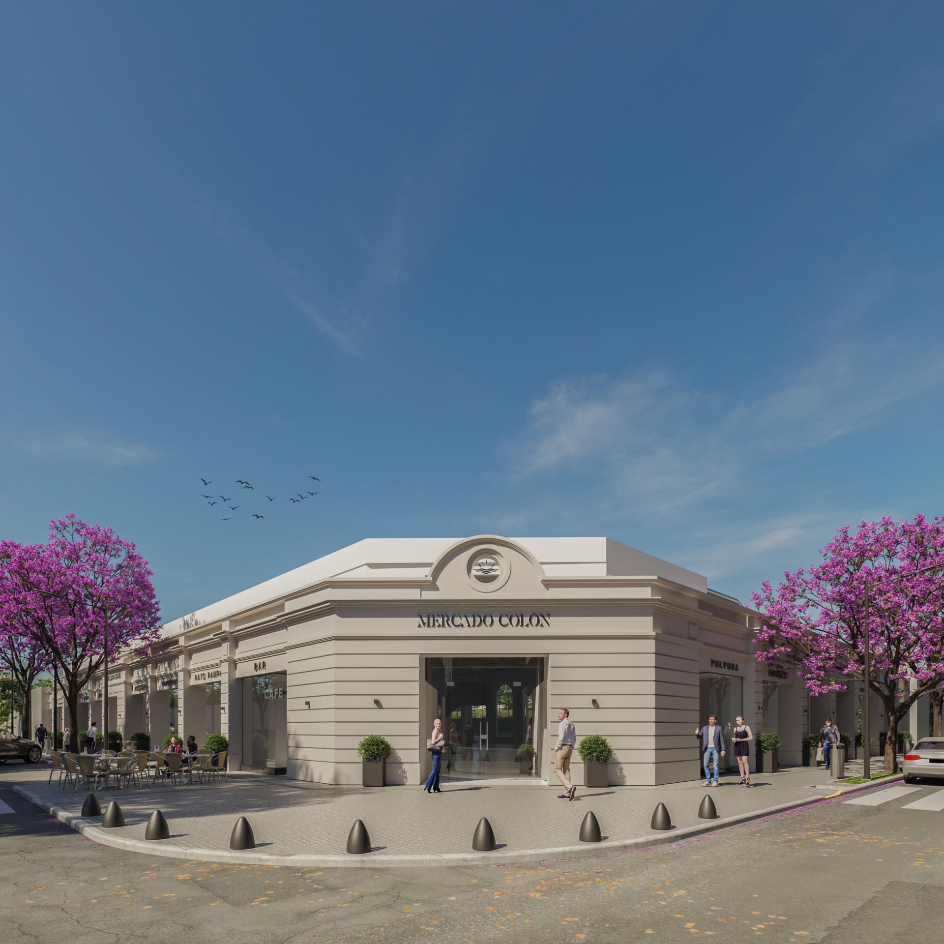 Render diurno de la fachada de Mercado Colón, esquina Carlos Pellegrini y Corrientes